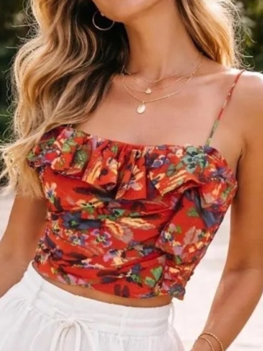 Zara Medium Red Floral Ruched Ruffle Spaghetti-Strap Crop Top